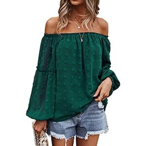 Chiffon Green Off The Shoulder Pom Pom Swiss Dot Lantern Sleeve Tunic Top Sz S